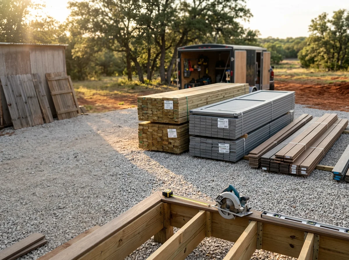 Outdoor construction site showing fencing materials, deck framing, and tools of the trade staged for a residential project.