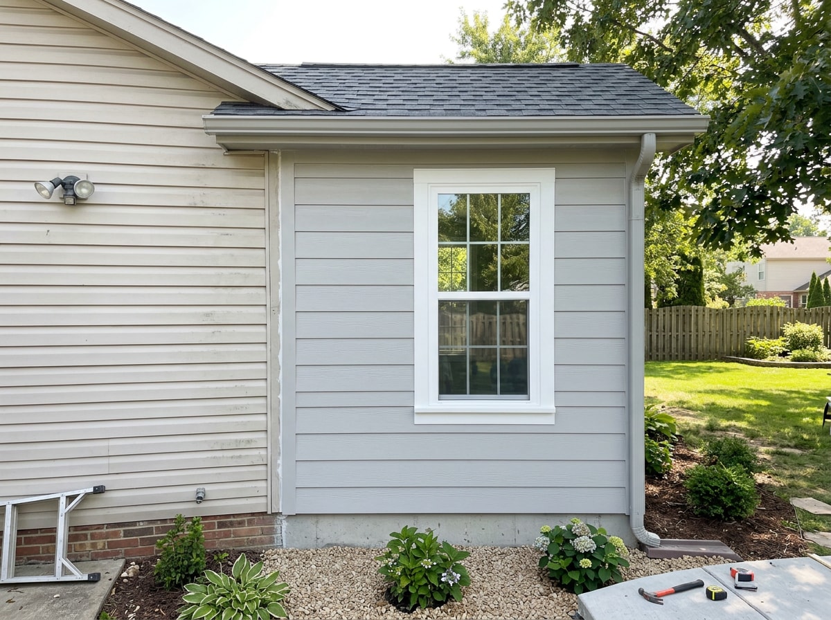 Exterior bump-out addition extending a bedroom wall on a single-story home