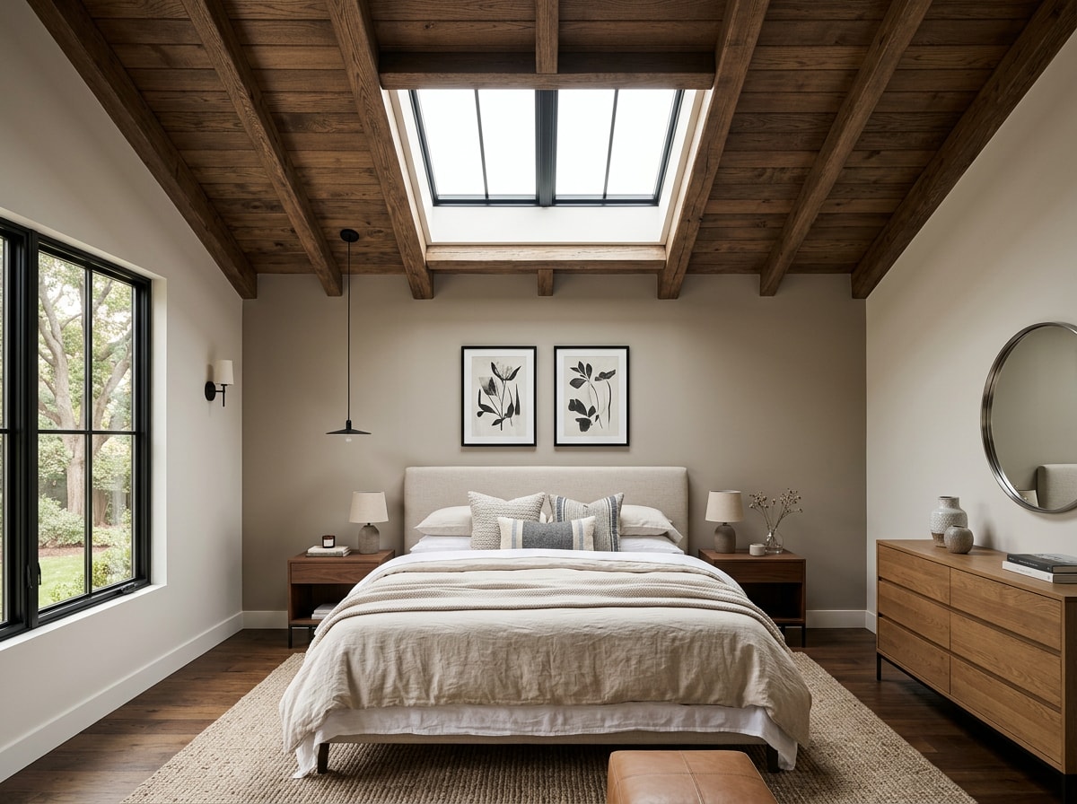 Bedroom addition with vaulted beamed ceiling and skylight above the bed