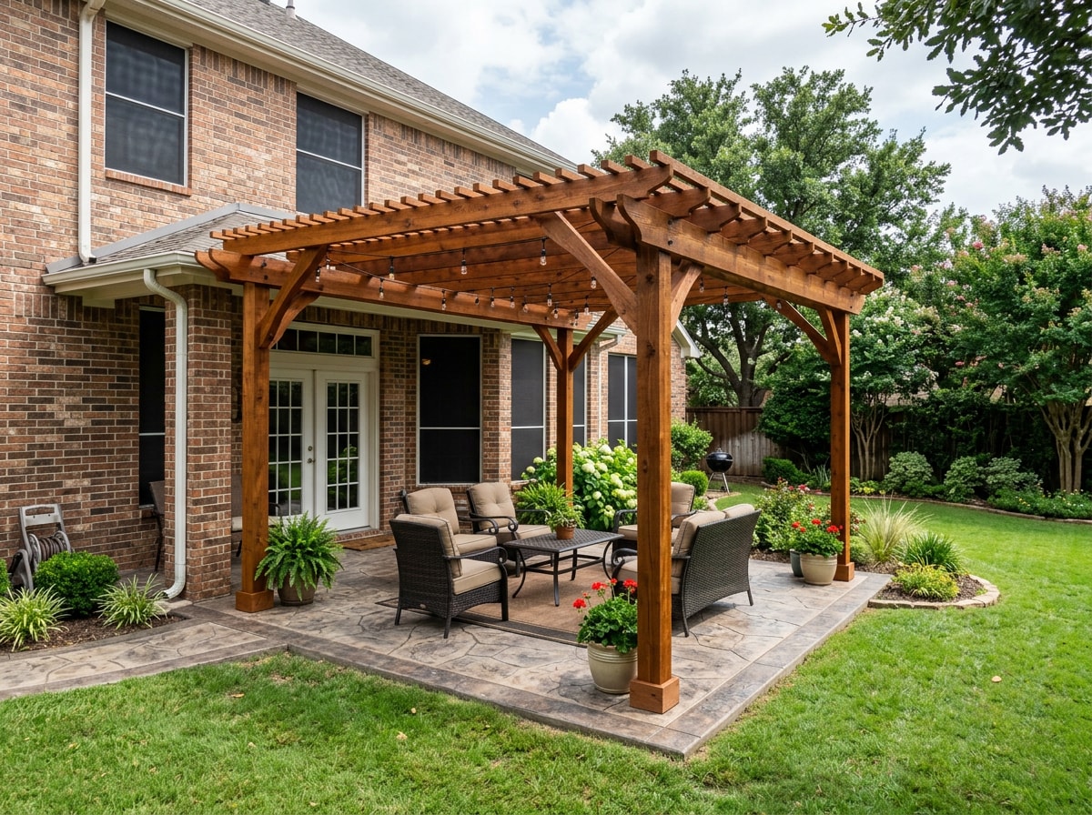 Finished backyard pergola and concrete patio extension attached to a Waxahachie Texas home
