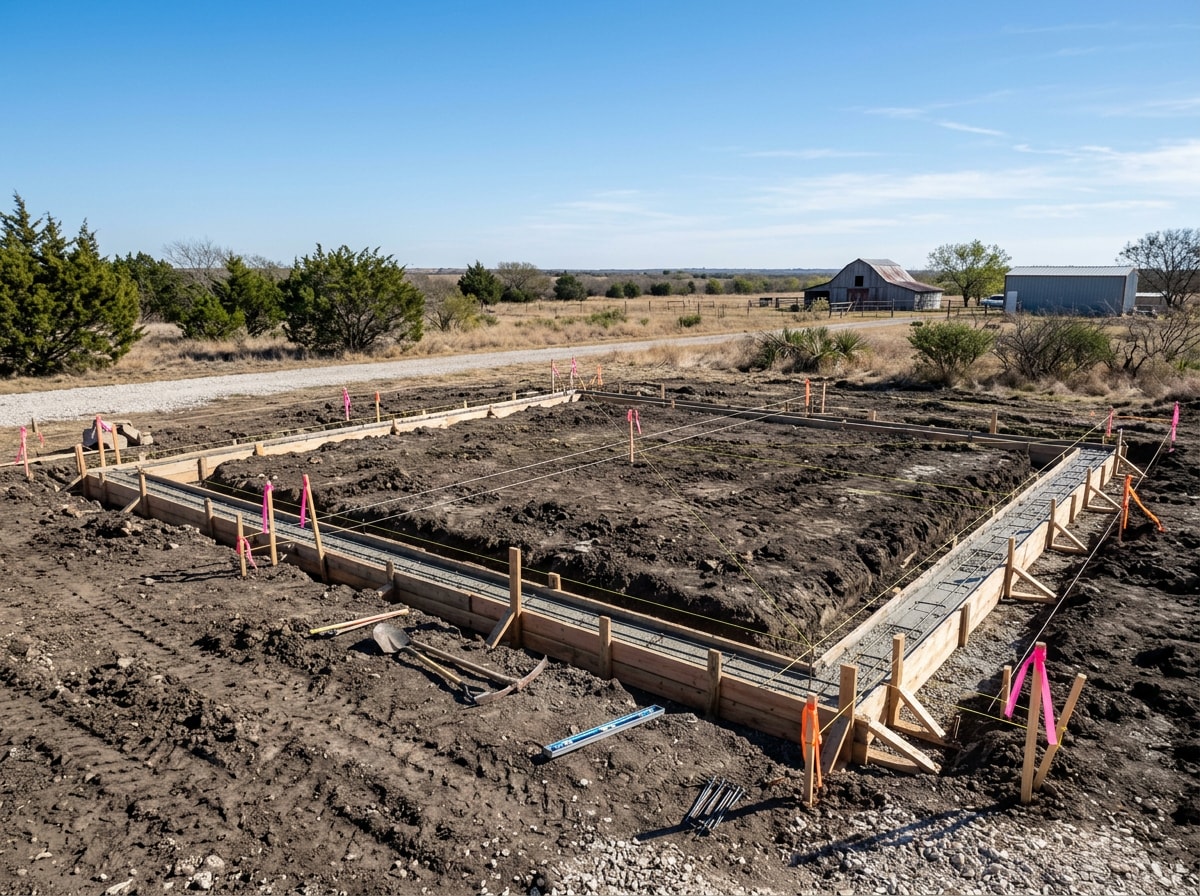 Concrete site preparation and grading for a new detached garage foundation in Ellis County