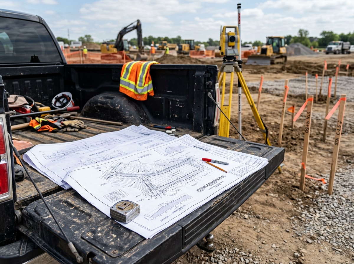 Civil engineering contractor reviewing site grading plans for a Lancaster, TX development project