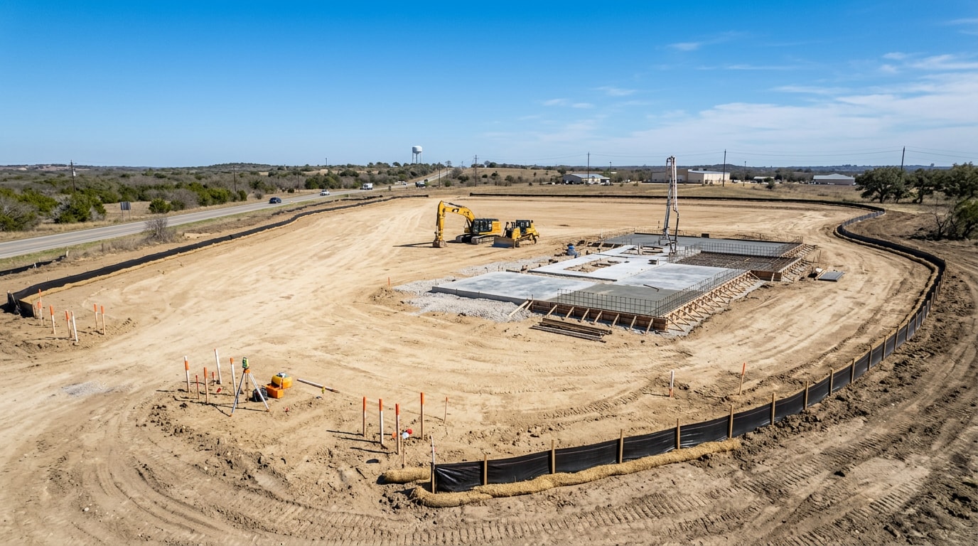 Graded construction site with erosion control fencing and a poured concrete foundation pad in Lancaster, TX