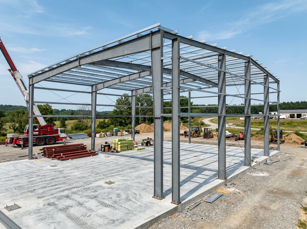 Commercial metal building shell under construction with concrete slab in Grand Prairie, TX