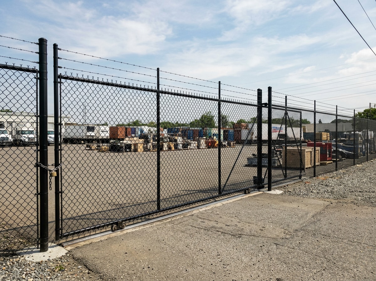 Commercial chain link security fence installed around a storage yard in Grand Prairie, TX