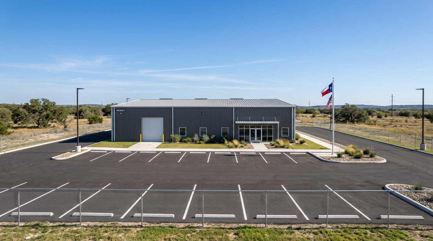 Finished commercial metal building with paved parking lot in Grand Prairie, TX Finished commercial metal building with paved parking lot in Grand Prairie, TX