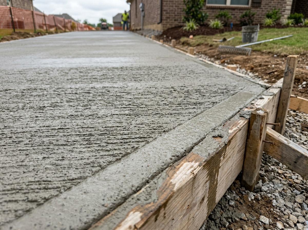 Freshly poured concrete driveway slab in Waxahachie, TX with broom finish