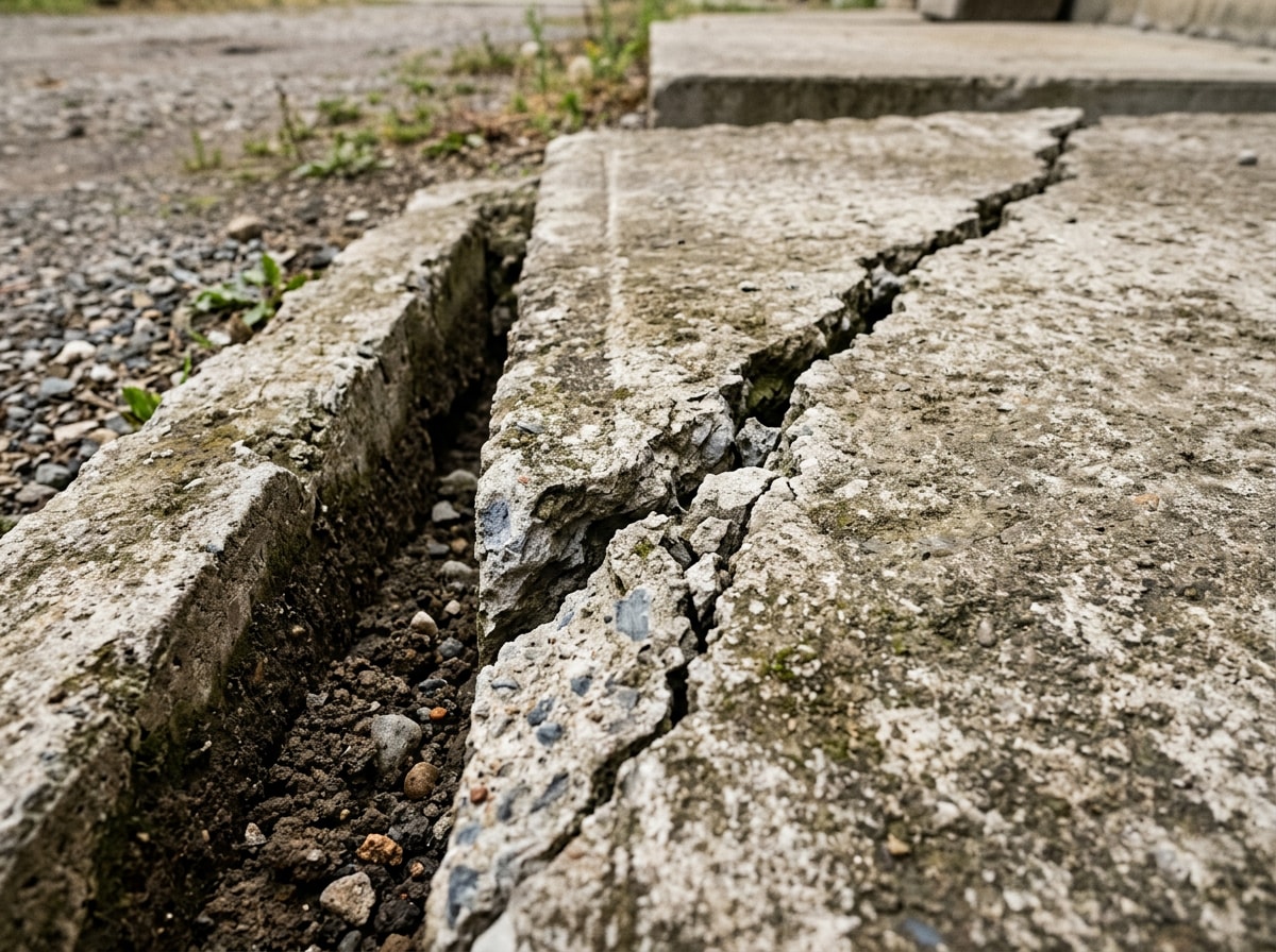 Cracked and sunken concrete slab caused by soil movement in Waxahachie, TX