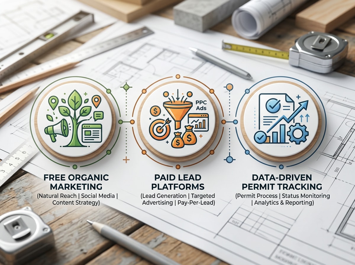 Comparison graphic of free, paid, and data-driven construction lead sources for contractors