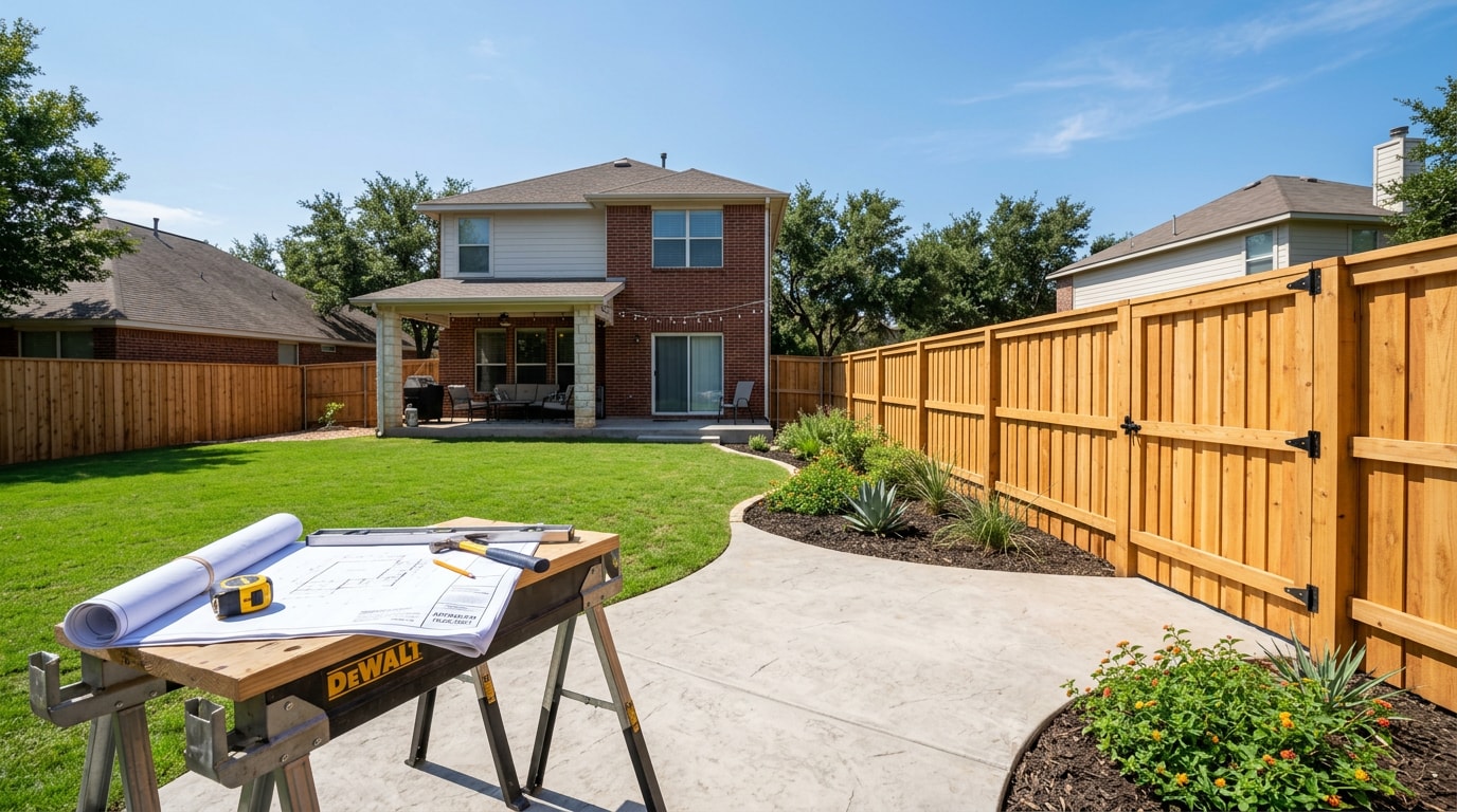 Newly completed fence and patio construction project in Arlington, TX
