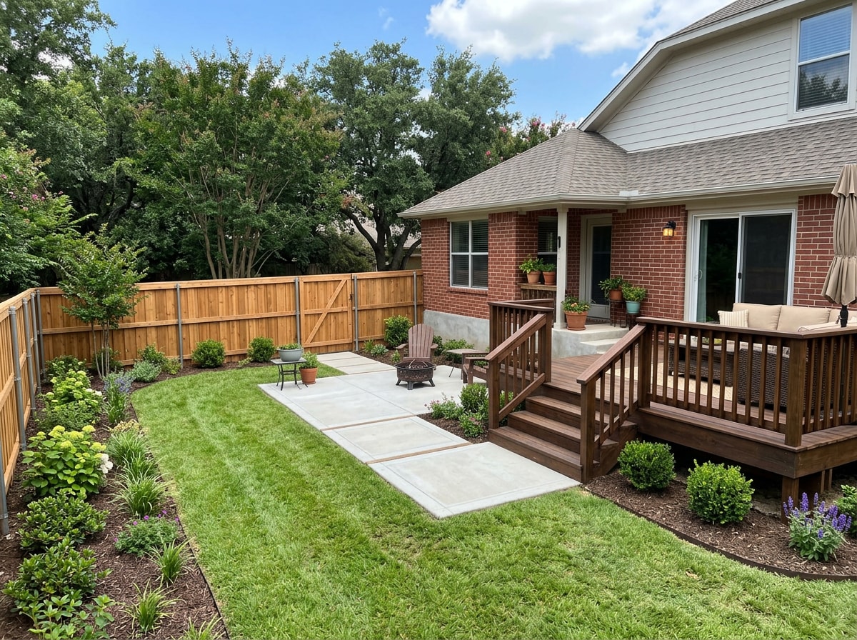 completed Mansfield backyard project with new wood fence, deck, and concrete patio
