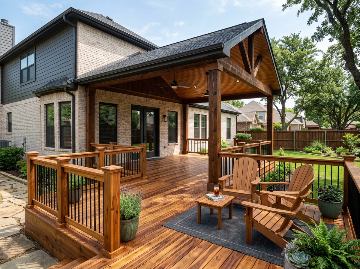 Finished cedar deck and covered patio extension on a North Texas property
