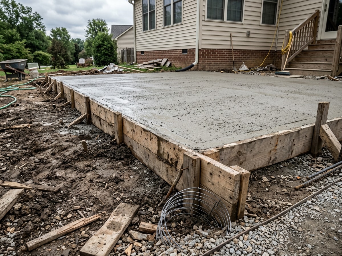 Freshly poured concrete patio slab with footing forms visible before backfill