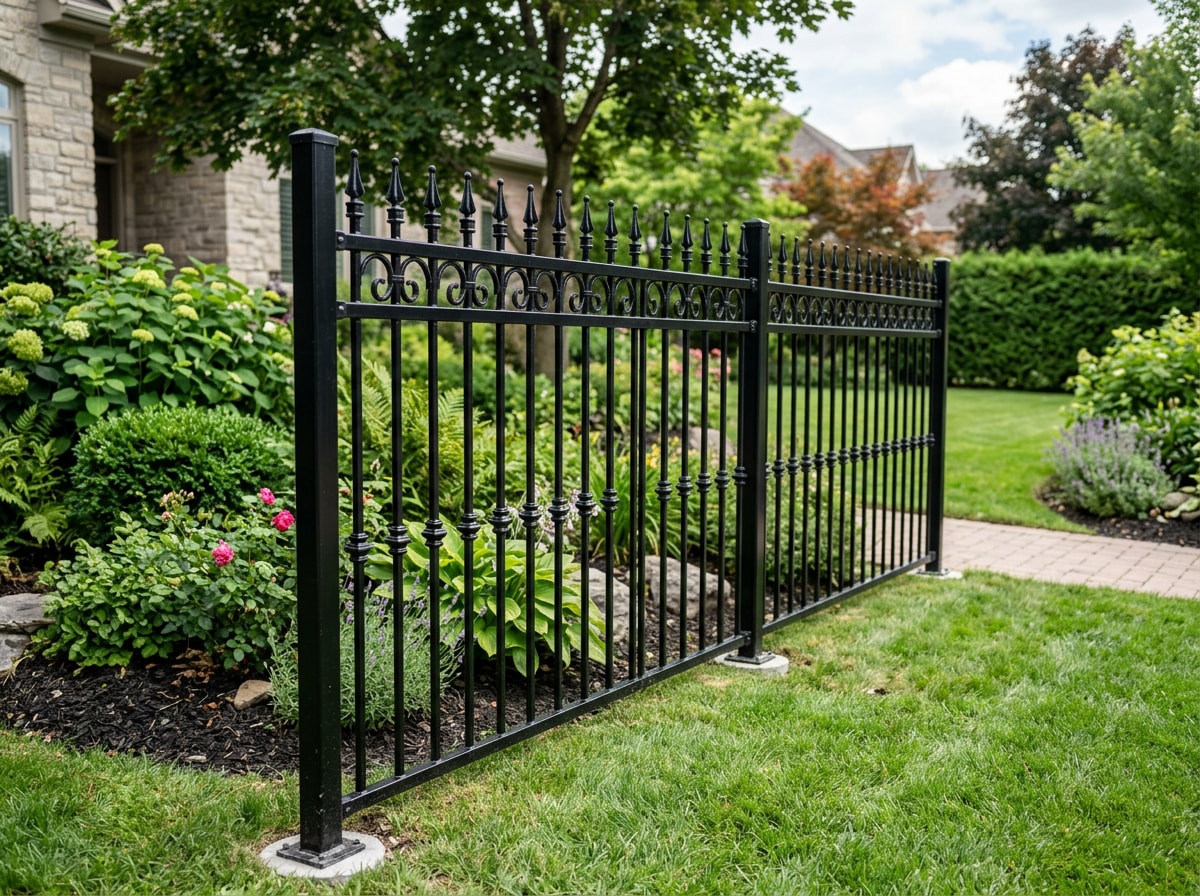 Completed wrought iron fence panel installed along a backyard property line