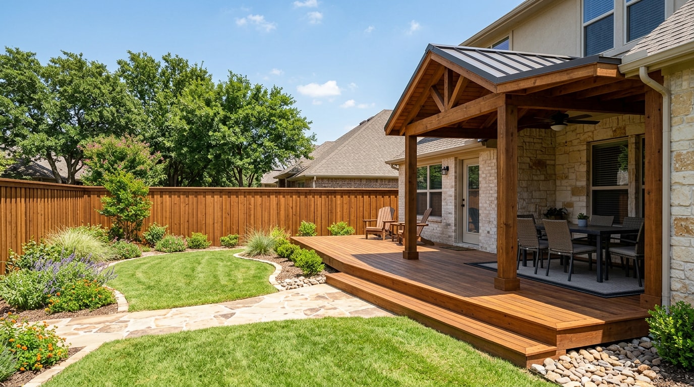Finished design-build backyard project with deck, patio, and fence near Alvarado, TX