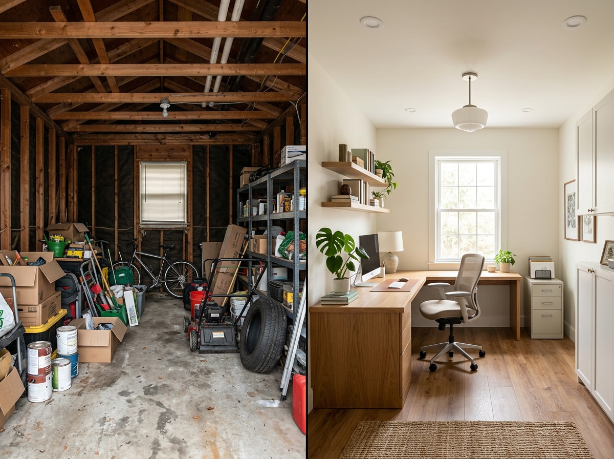 Before and after photos of a Midlothian garage converted into a finished home office