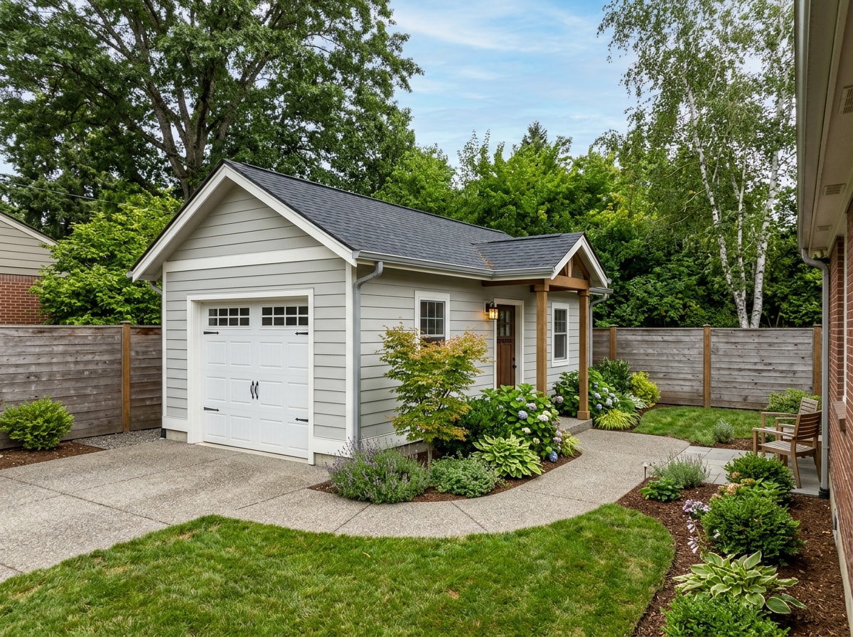 Finished detached granny flat with garage apartment style exterior in a Burleson, TX backyard