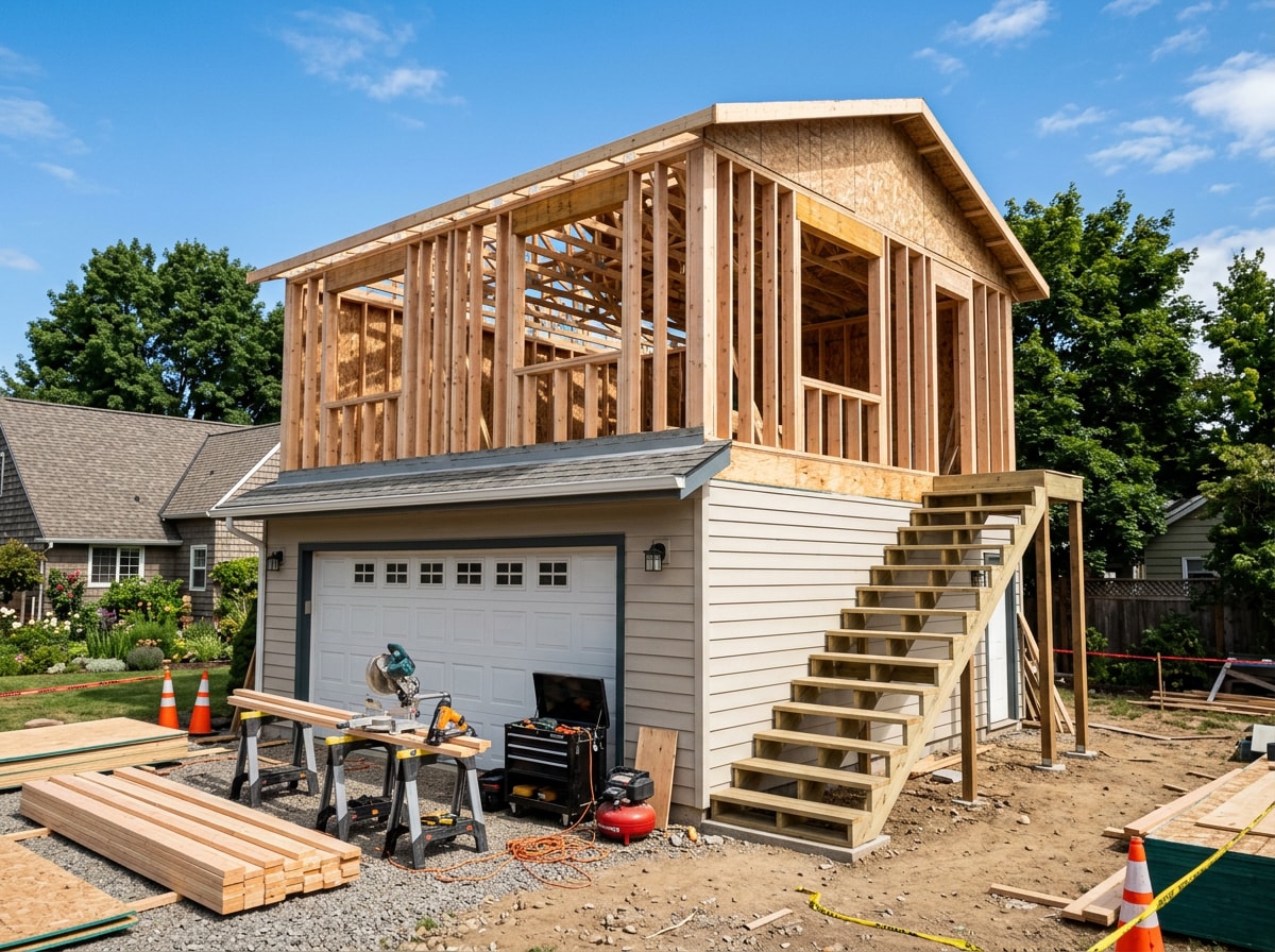 Above-garage apartment addition under construction with new framing and stairway access