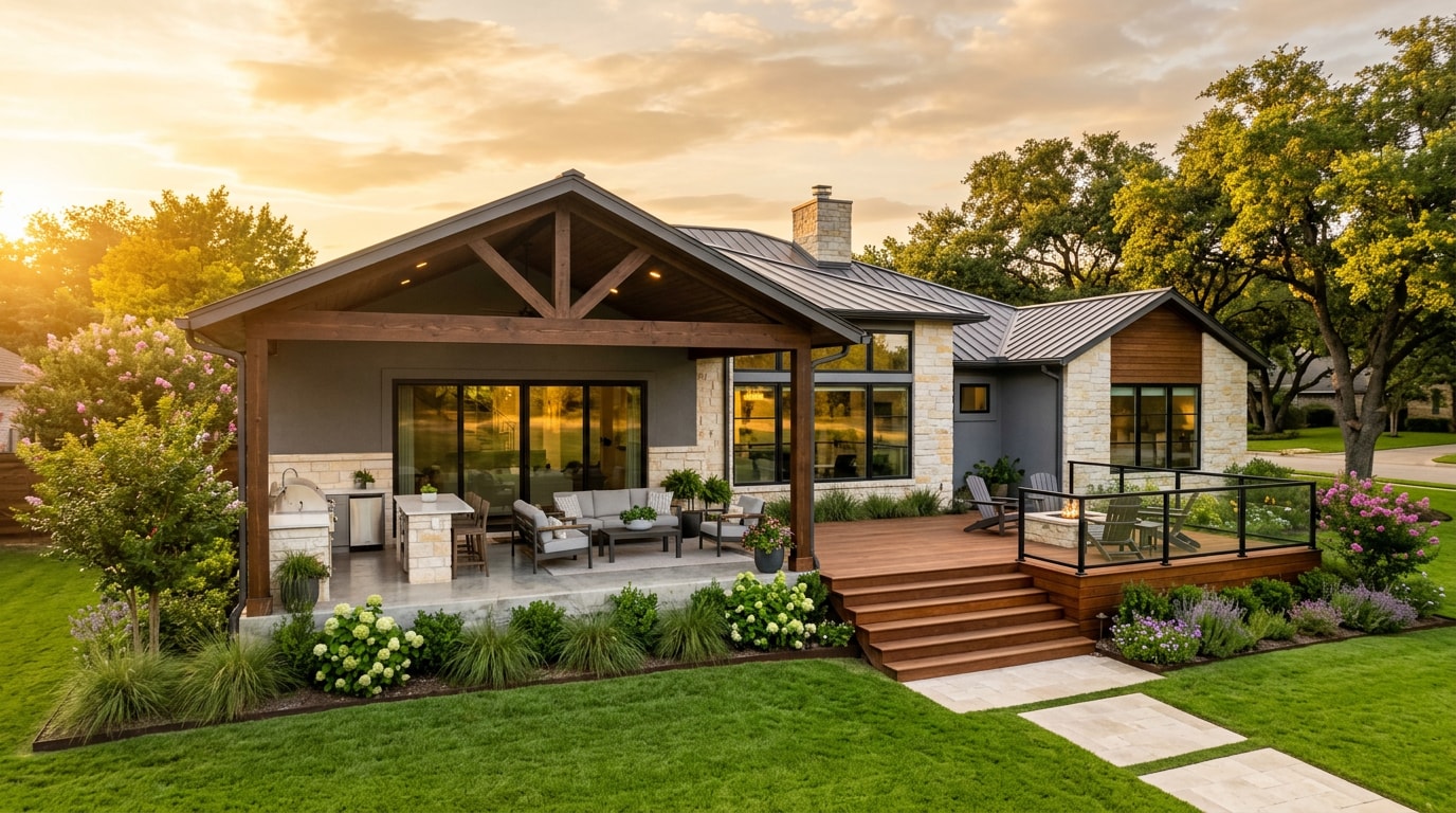 Renovated Texas home with new deck and covered patio by a home renovations contractor Renovated Texas home with new deck and covered patio by a home renovations contractor