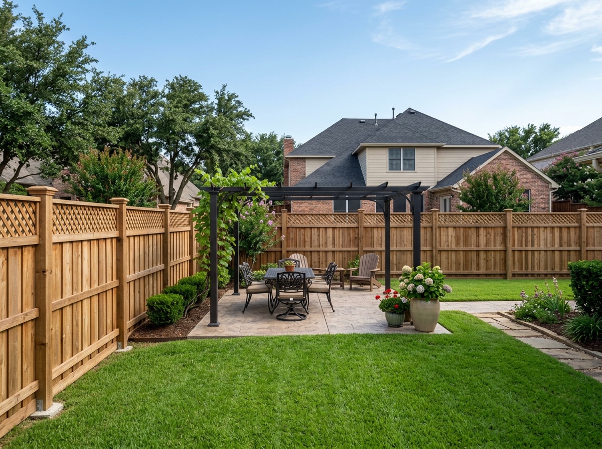 Lattice-top privacy fence enclosing a backyard patio in Red Oak, TX