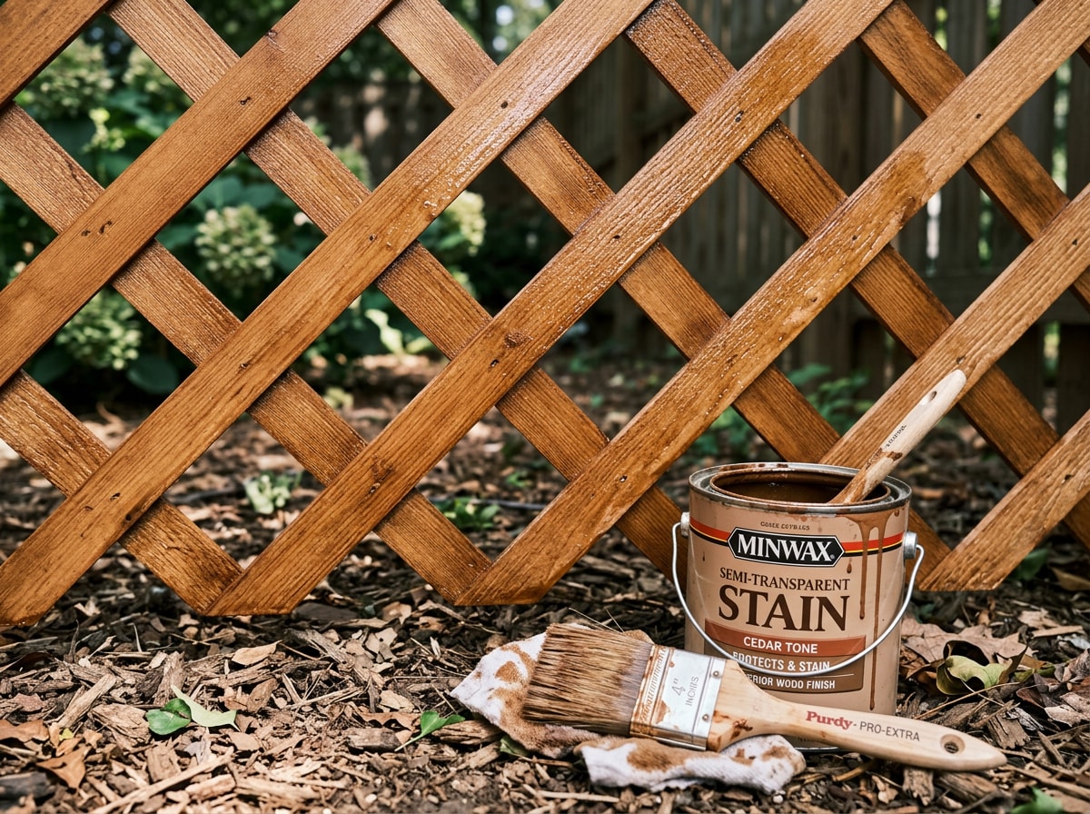 Close-up of a freshly sealed wood lattice fence panel with a stain can and brush resting nearby
