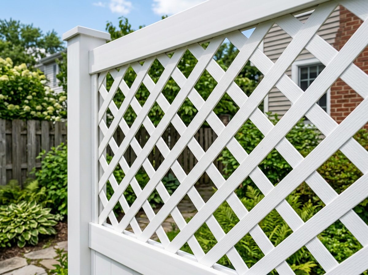 Vinyl lattice fence panel with a tight diagonal weave pattern along a residential property line