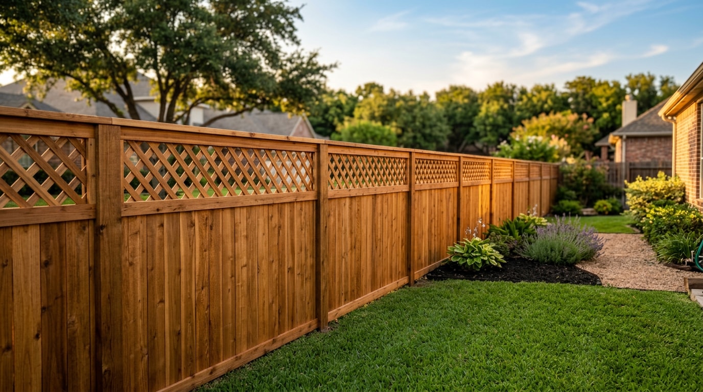 Finished lattice-top privacy fence in a Texas backyard Finished lattice-top privacy fence in a Texas backyard