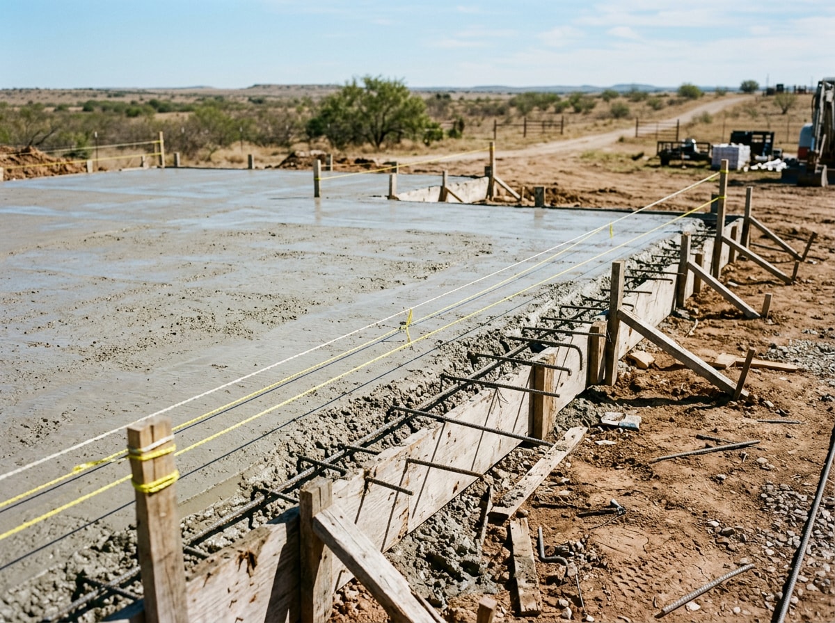 Poured concrete foundation slab on a graded rural lot prepped for cabin construction