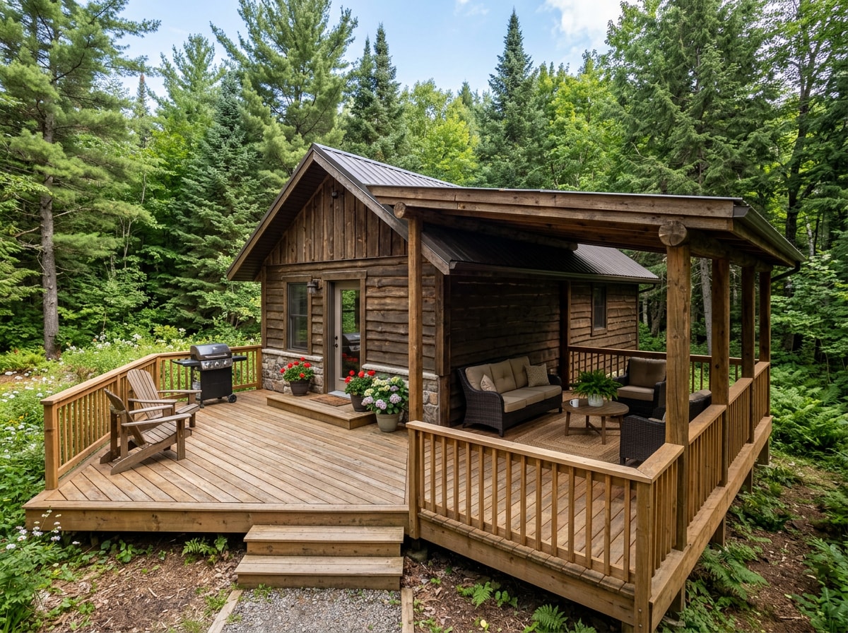 Wood deck and covered porch addition built onto a rustic cabin-style home exterior
