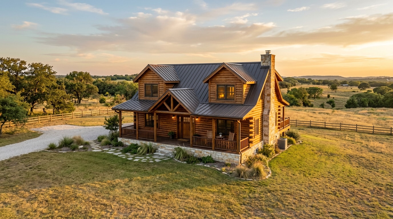 Rustic log cabin home built on a rural lot near Venus, TX