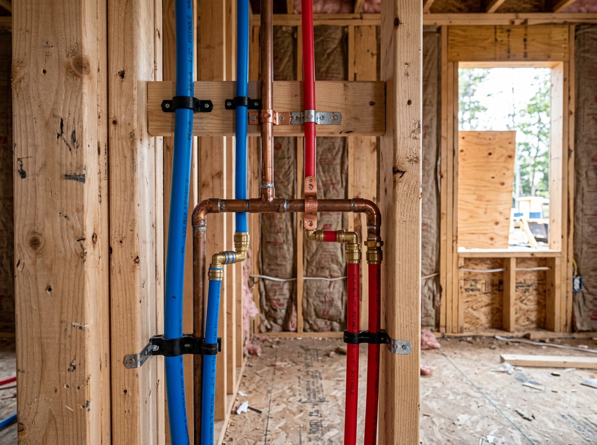 Rough-in plumbing pipes installed through wall framing before drywall on a new construction home