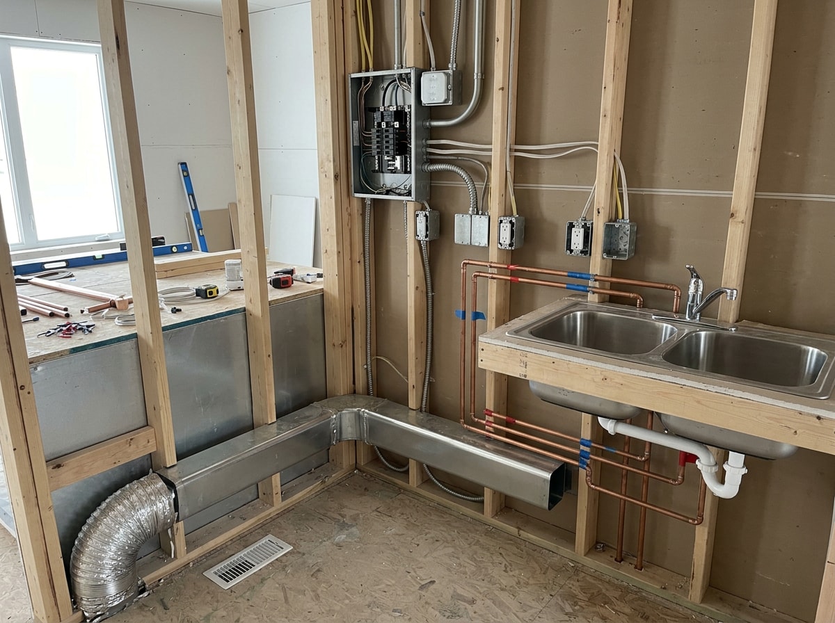 Bar chart comparing average national rough-in costs for plumbing, electrical, and HVAC trades on a new construction home