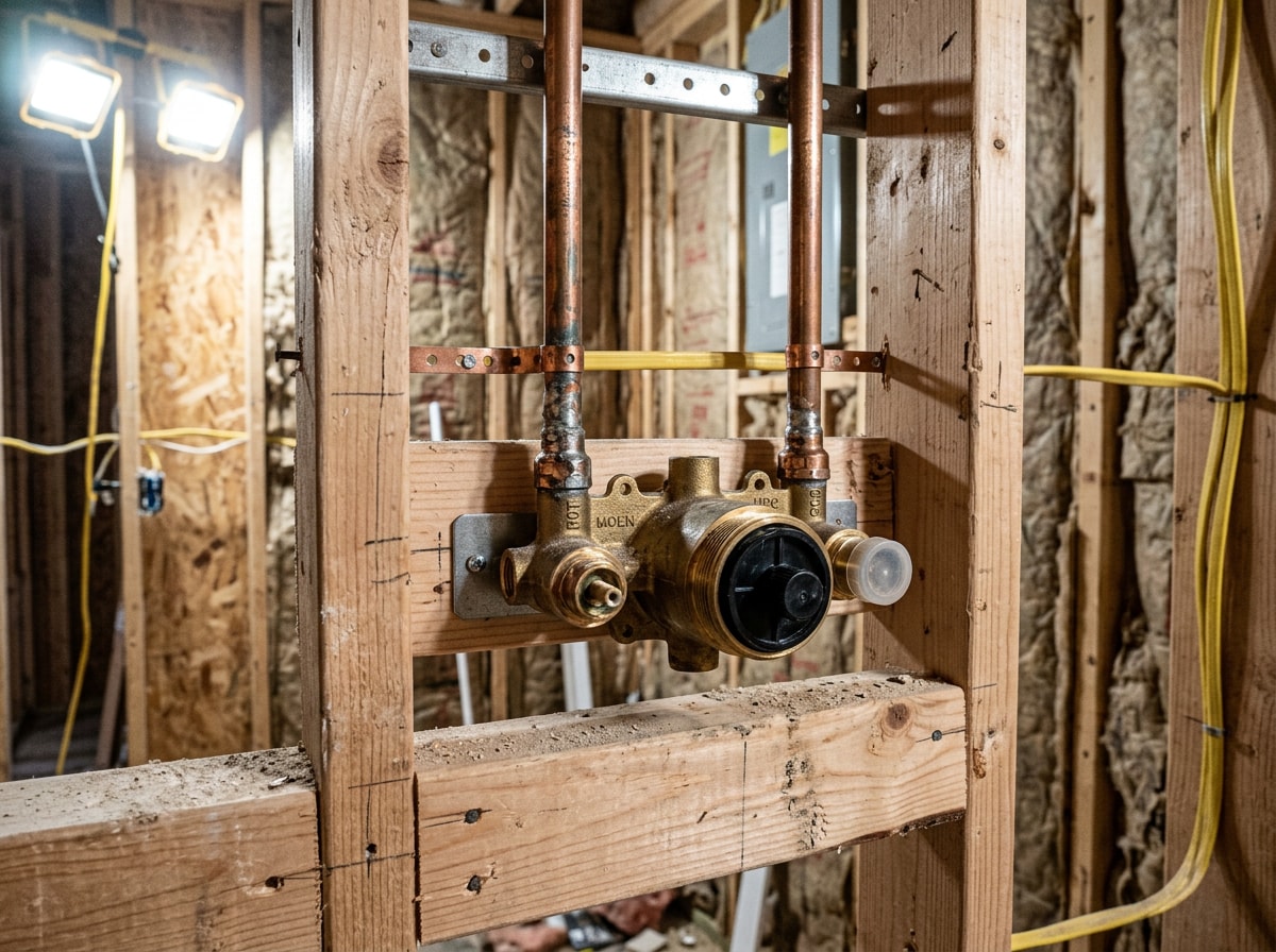 Wall-mounted faucet fixture requiring specific rough-in plumbing placement before drywall installation