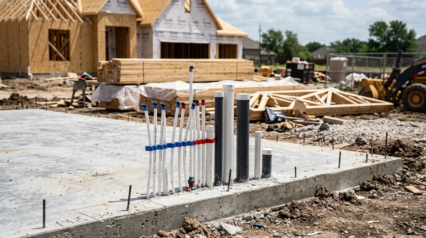 New construction plumbing rough-in pipes rising through a poured concrete slab on a home building site New construction plumbing rough-in pipes rising through a poured concrete slab on a home building site