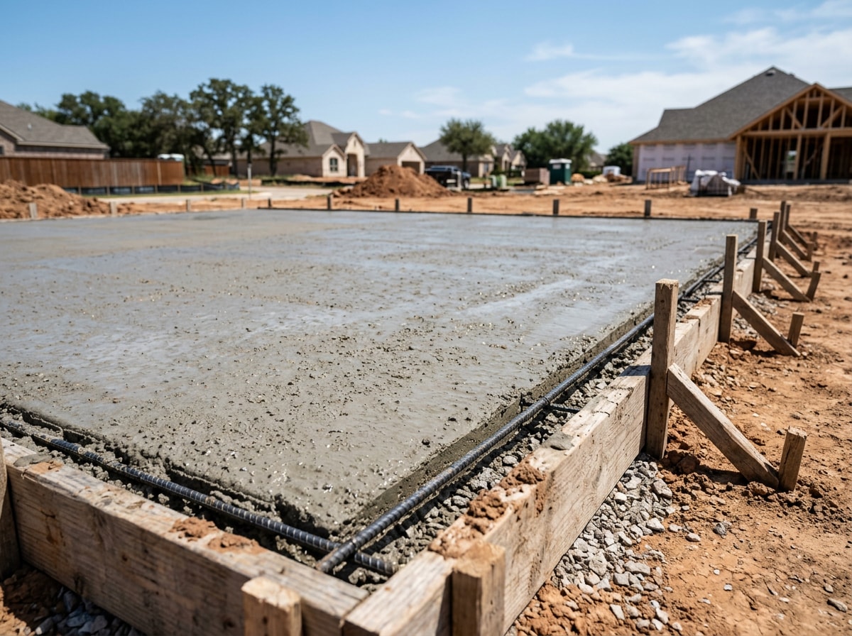 Concrete foundation freshly poured and curing on a graded residential lot in Cedar Hill, Texas