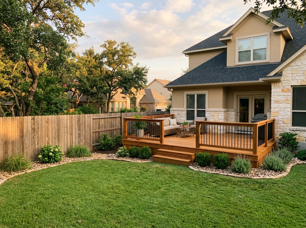 Finished cedar fence and wood deck combination in a Cedar Hill, Texas backyard