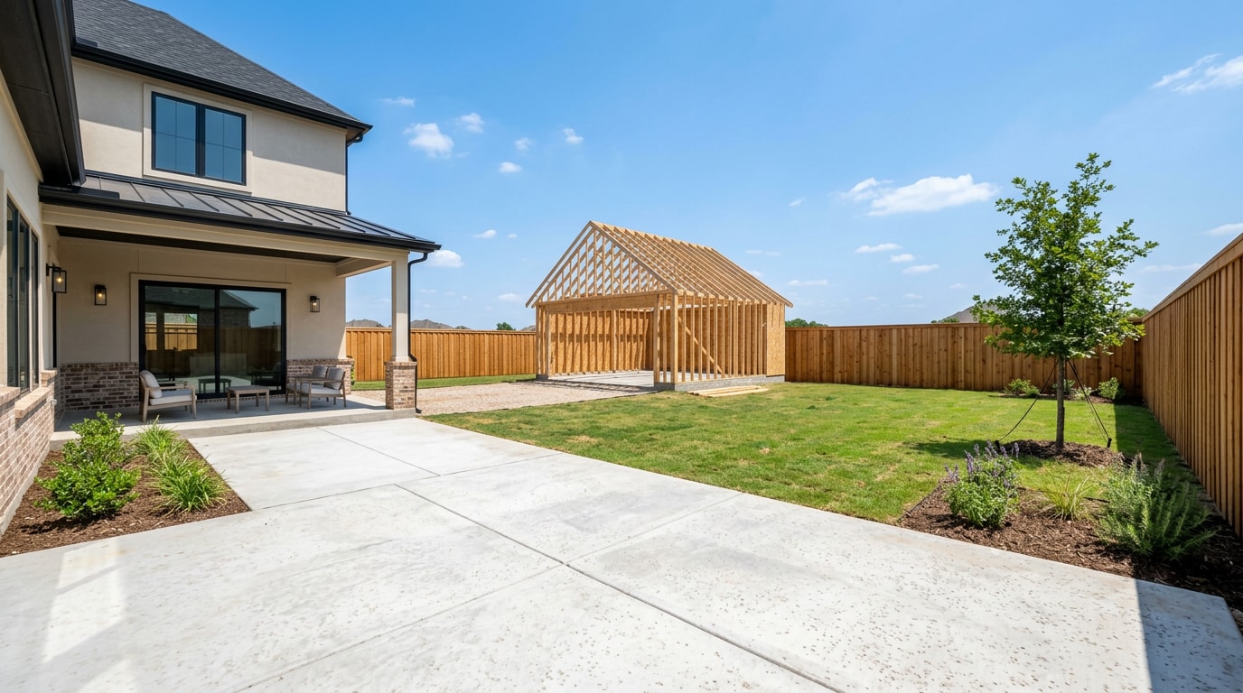 New construction backyard in Cedar Hill, Texas with concrete patio, cedar fence, and framed garage