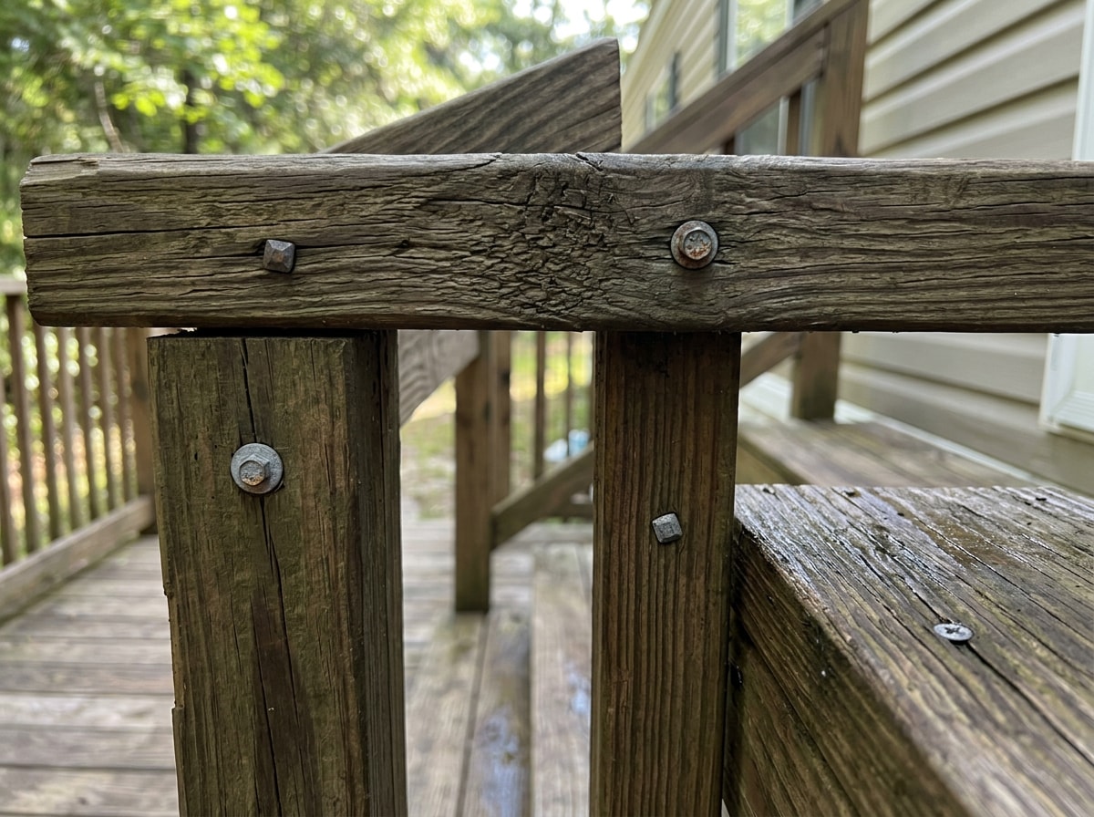 Close-up of pressure-treated porch railing and wooden steps