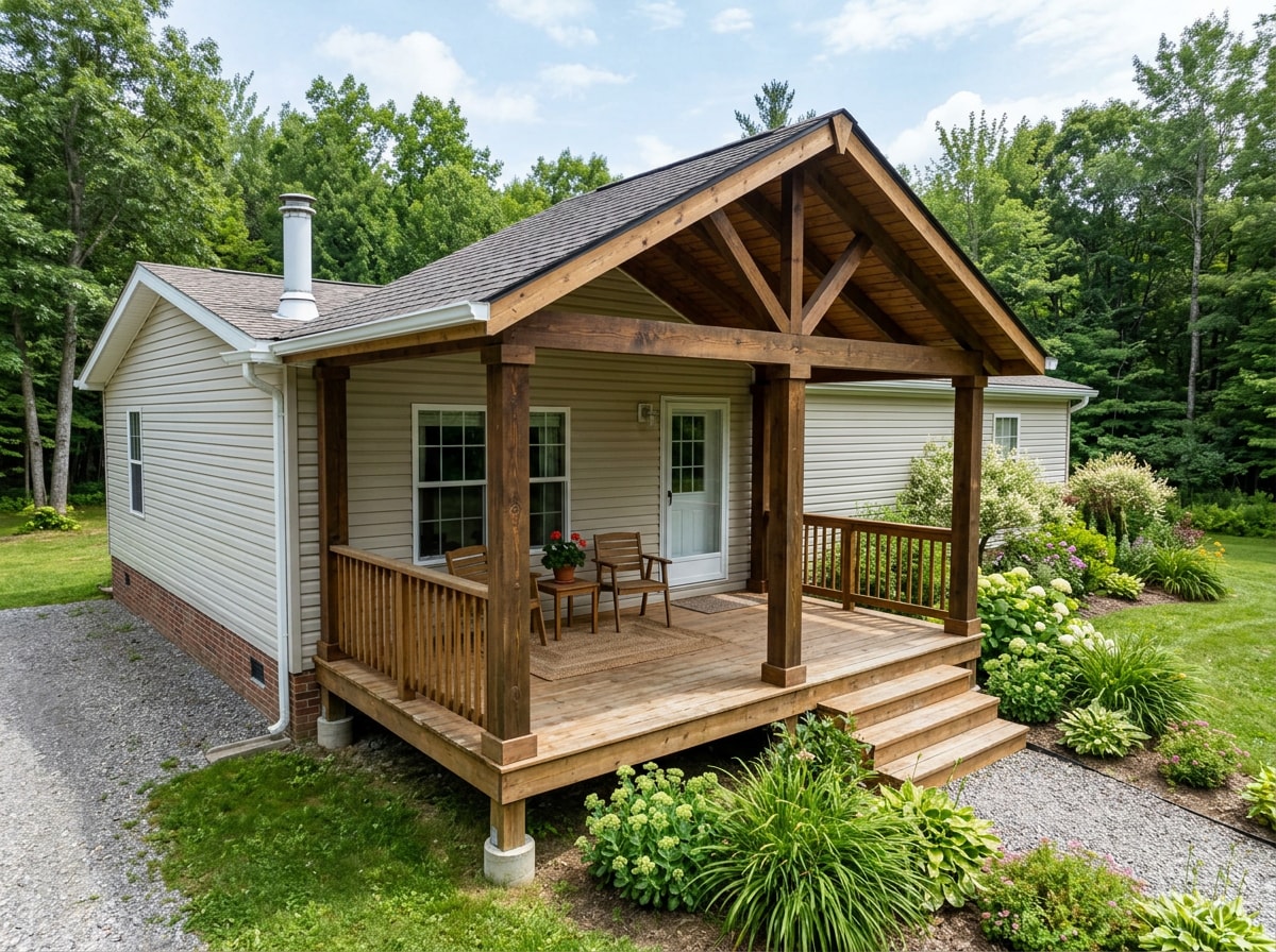 Custom site-built covered porch attached to a manufactured home