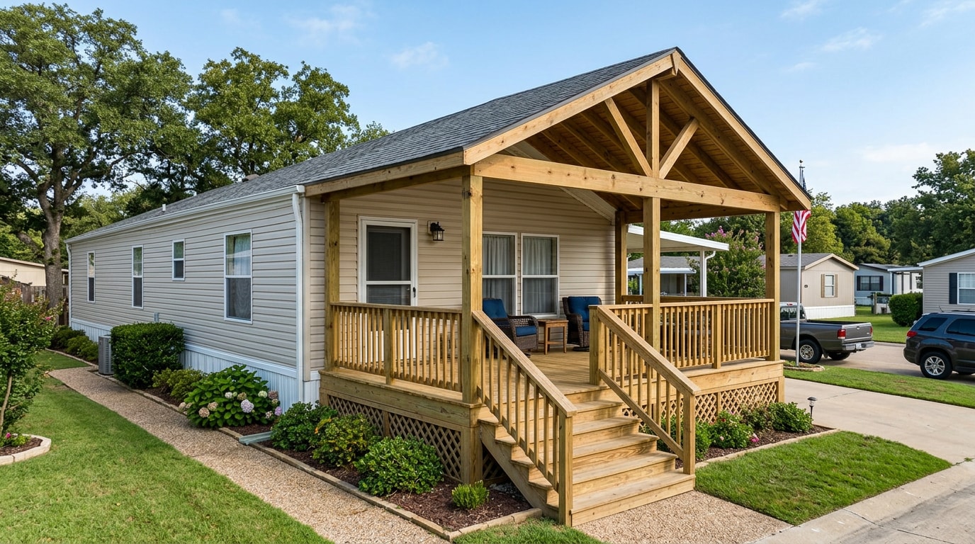 Finished prefab porch attached to a mobile home in Cleburne, TX Finished prefab porch attached to a mobile home in Cleburne, TX
