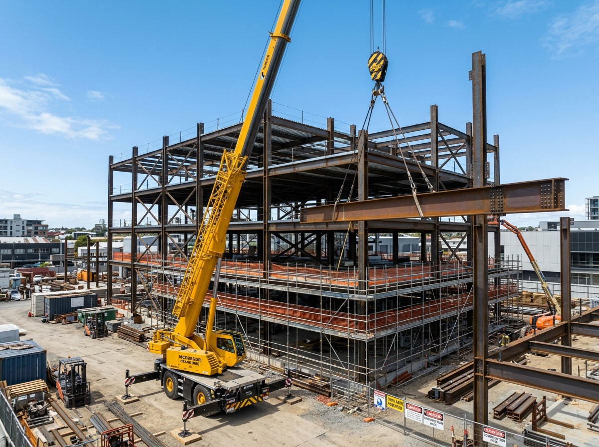 Steel erection crew using a crane to set structural beams on an active commercial construction site