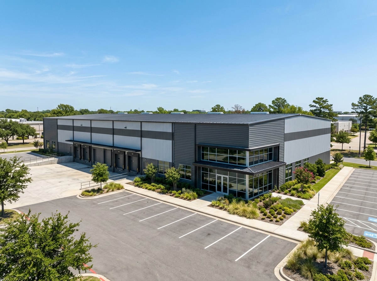 Exterior view of a completed commercial steel building in a North Texas business park