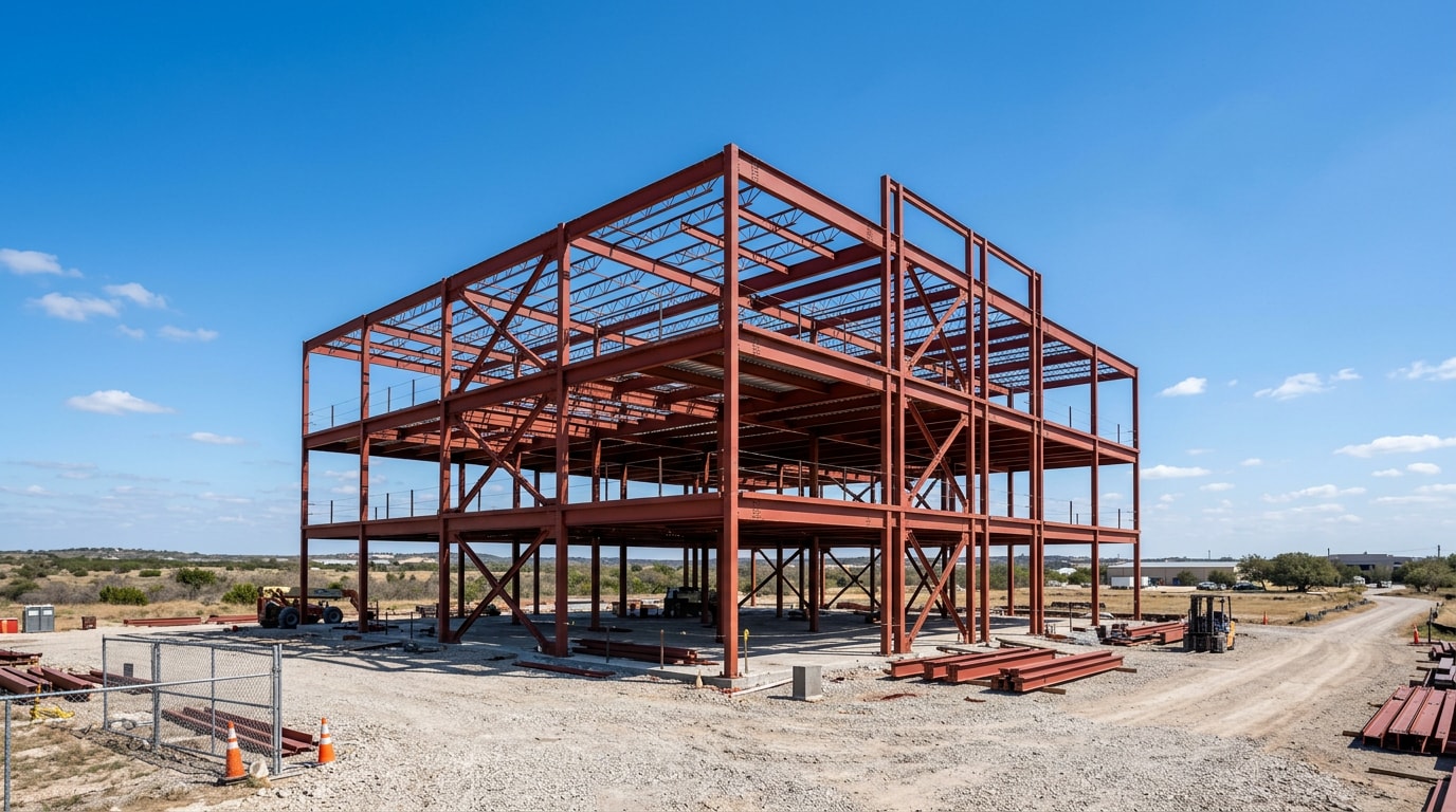 Finished structural steel frame of a commercial building under construction in Texas Finished structural steel frame of a commercial building under construction in Texas