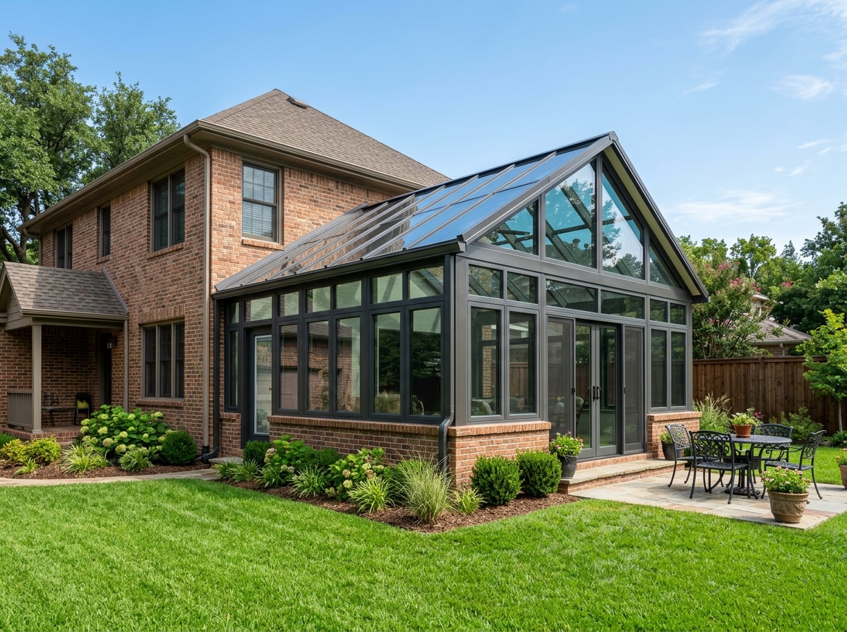 Insulated glass sunroom addition on a brick Arlington, TX home with aluminum framing