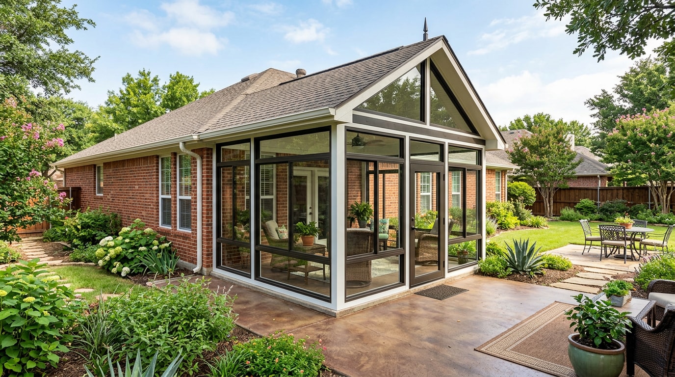 Finished sunroom addition on a brick home in Arlington, TX