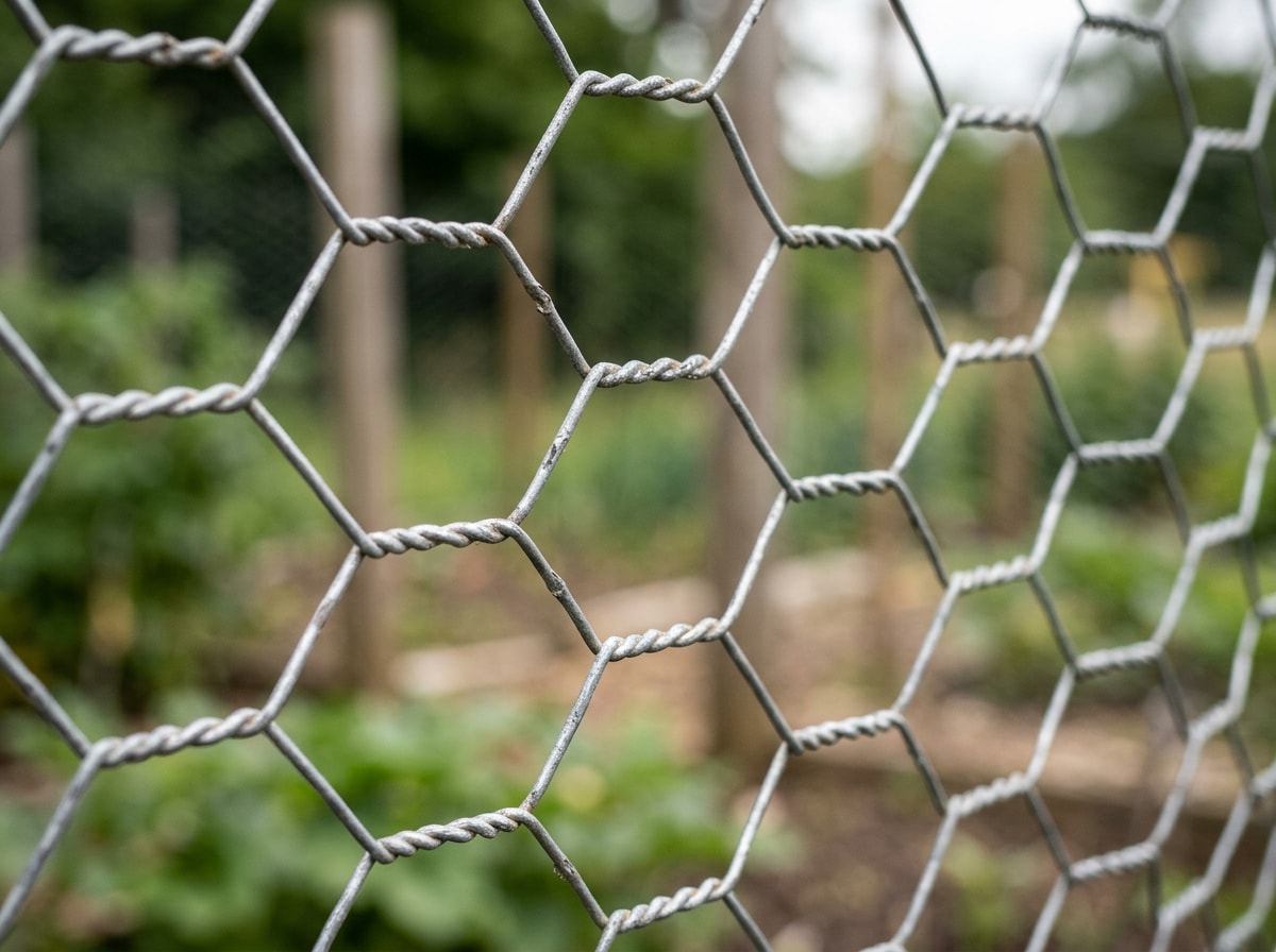 Close-up of galvanized chicken wire showing its hexagonal mesh pattern