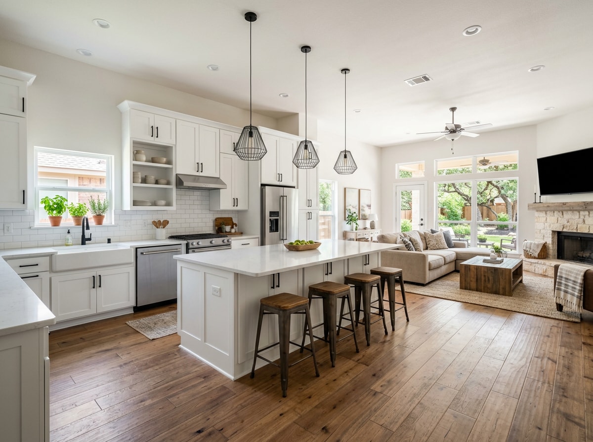 Completed whole-home remodel project in Mansfield, TX showing an updated kitchen opening into a living space