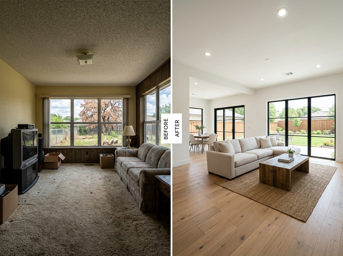 Before and after comparison of a Mansfield home addition and interior remodel