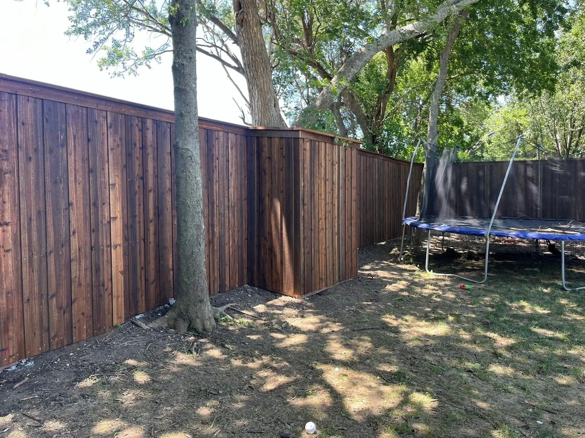 Dark stained wood privacy fence with vertical boards installed around mature tree in backyard