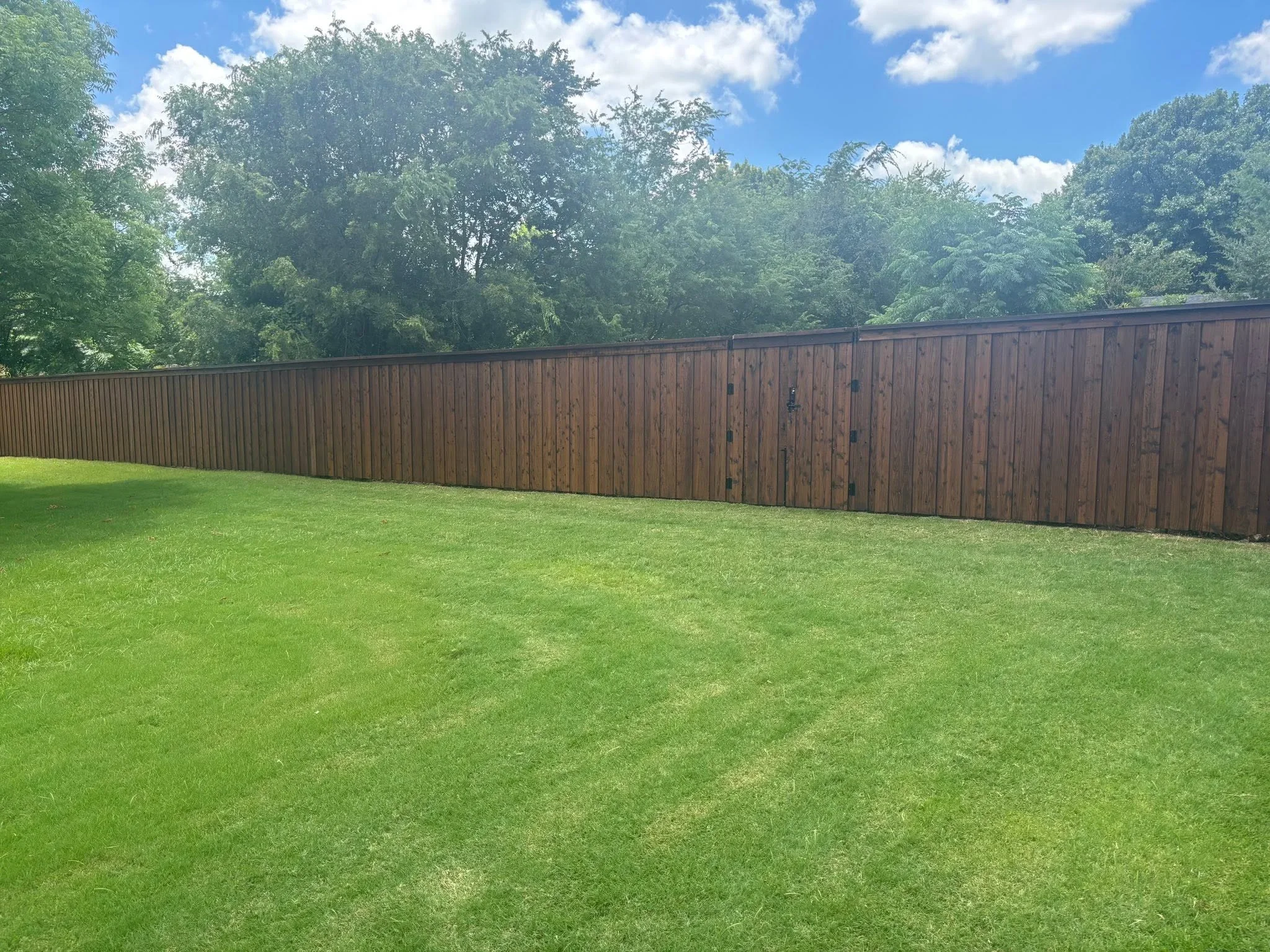Stained wood privacy fence with metal top rail installed along residential backyard